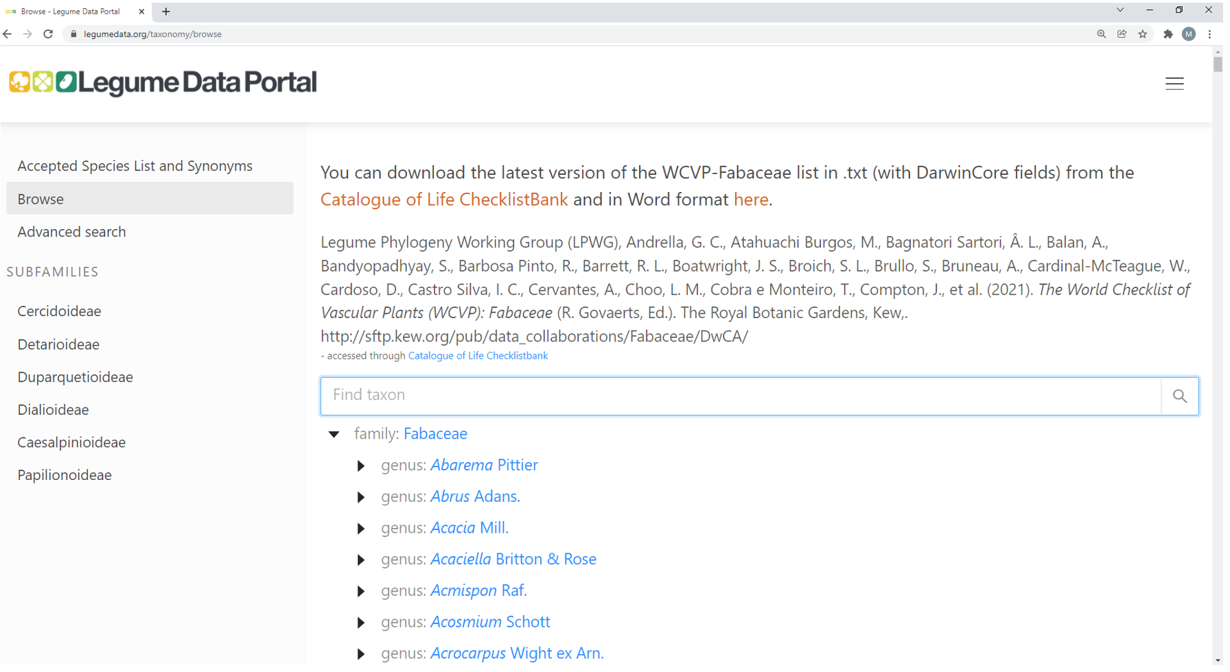 A screenshot of the legume checklist search page on the Legume Data Portal.